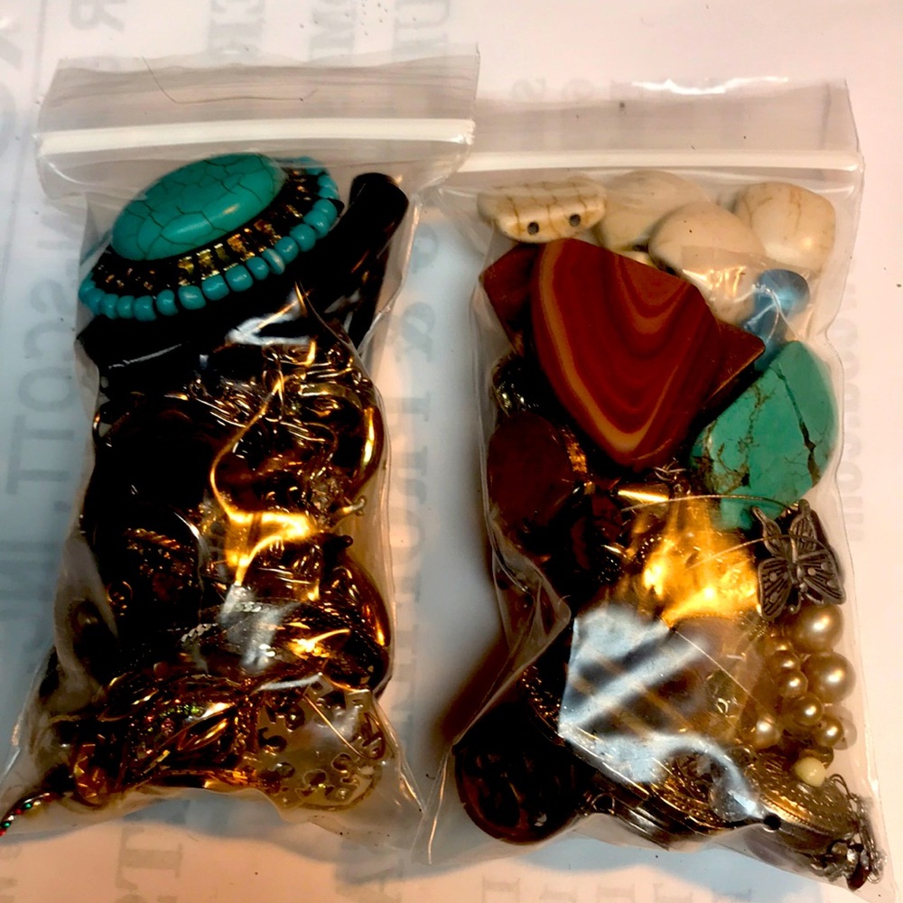 Estate jewelry, turquoise, bone, glass beads, precious stones, chains.